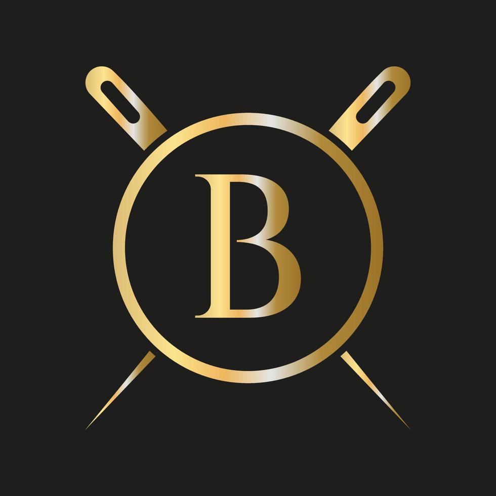 brief b kleermaker logo, naald- en draad combinatie voor borduren, textiel, mode, lap, kleding stof sjabloon vector