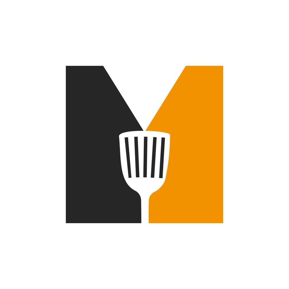 brief m keuken spatel logo. keuken logo ontwerp gecombineerd met keuken spatel voor restaurant symbool vector