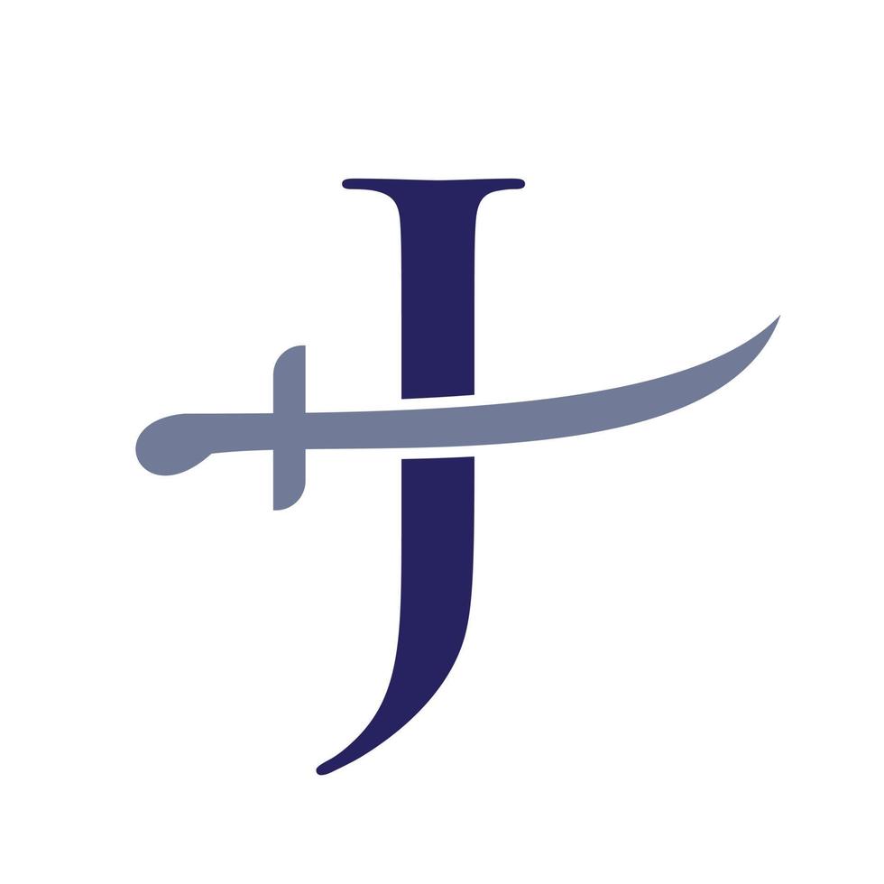 brief j Zwaarden logo vector sjabloon. Zwaarden icoon voor bescherming en privacy symbool
