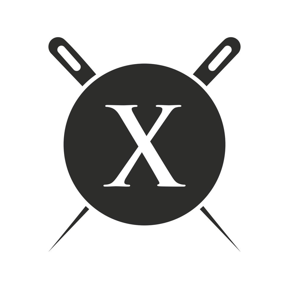 brief X kleermaker logo, naald- en draad combinatie voor borduren, textiel, mode, lap, kleding stof sjabloon vector
