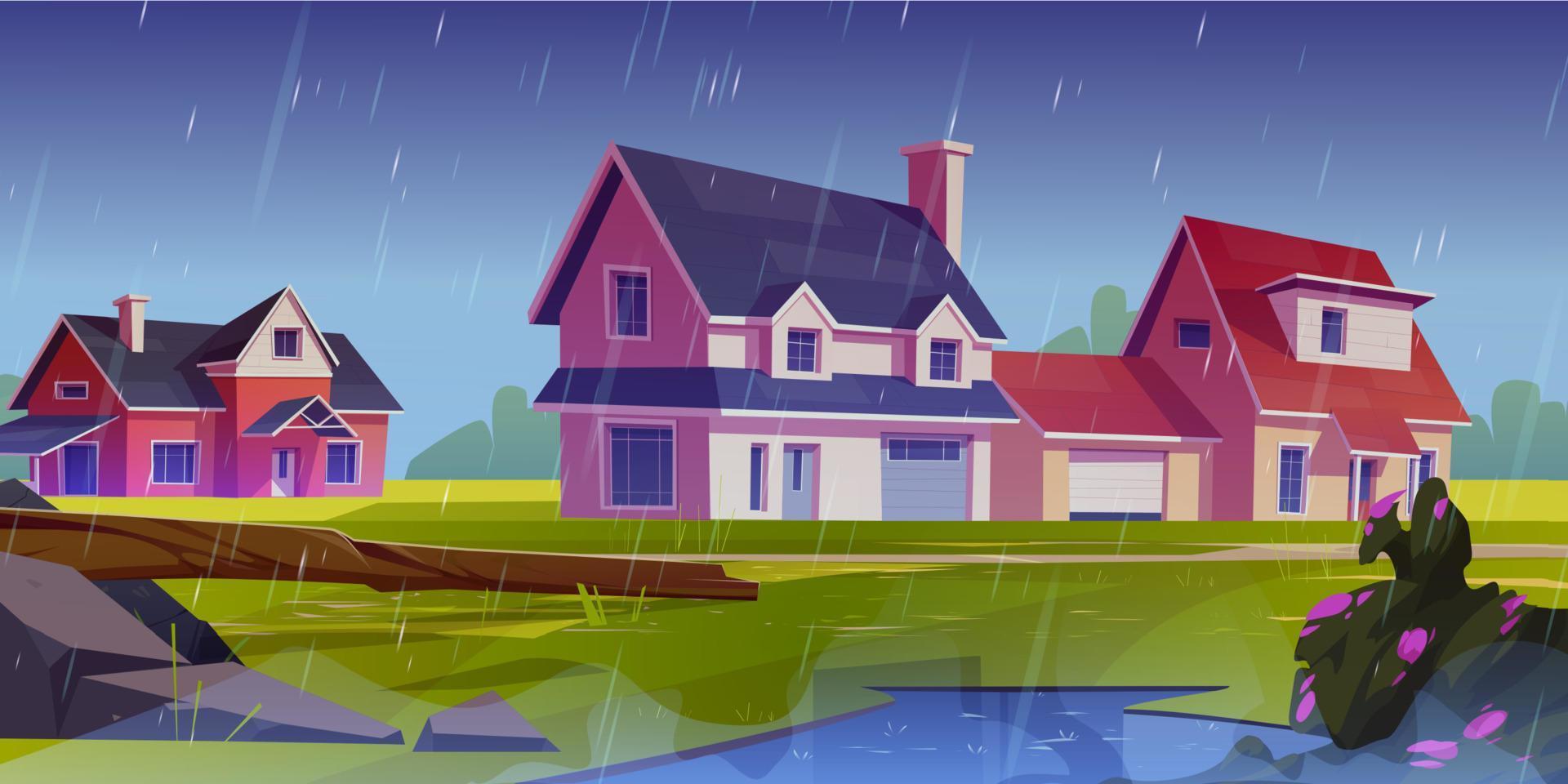 regenachtig weer in platteland, tekenfilm vector