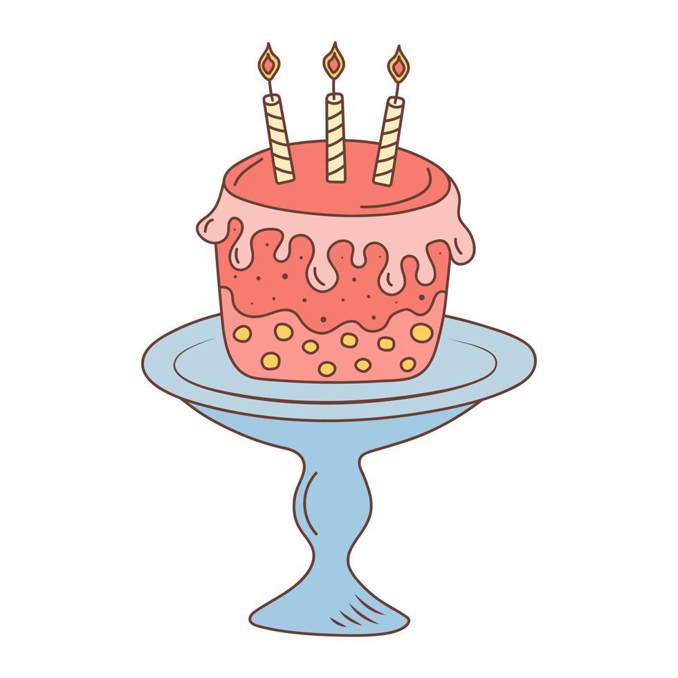 taart met kaarsen Aan een bord. verjaardag, viering, vakantie, partij concept. hand- getrokken tekening illustratie. vector