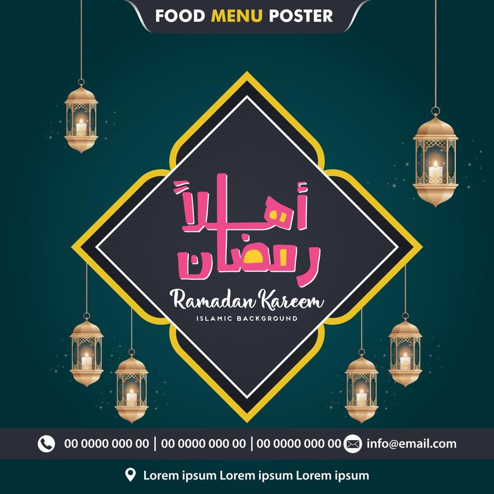 Ramadan kareem folder sjabloon Islamitisch brochure post Arabisch kalligrafie, groet kaart viering van moslim gemeenschap festival vertaling de maand van vastend en de maand van zegeningen en genade vector