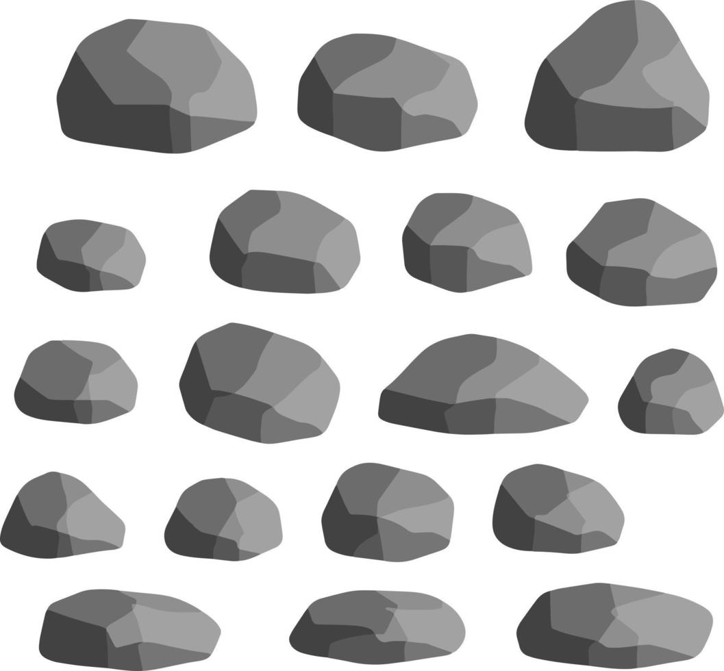 set van grijze granieten stenen van verschillende vormen. element van de natuur, bergen, rotsen, grotten. mineralen, kei en kasseien op wit wordt geïsoleerd vector