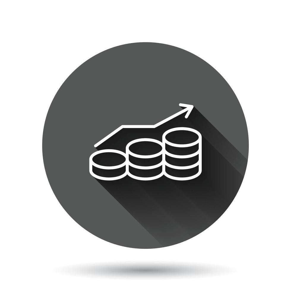 inkomen tarief toenemen icoon in vlak stijl. financiën prestatie vector illustratie Aan zwart ronde achtergrond met lang schaduw effect. munt met groei pijl cirkel knop bedrijf concept.