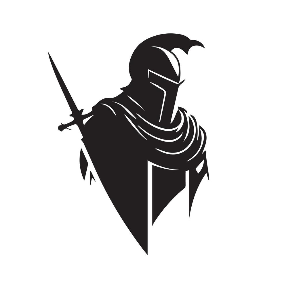 middeleeuws ridder in schild, vector logo. gemakkelijk schoon modern icoon van een krijger met schild en helm gaan naar strijd. leger soldaat. idee van bescherming, veiligheid. bedrijf mascotte. zwaard kenteken.