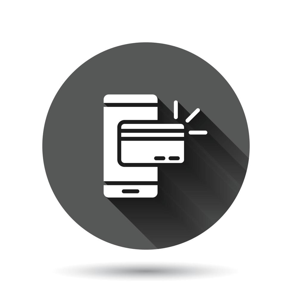 smartphone betalen icoon in vlak stijl. nfc credit kaart vector illustratie Aan zwart ronde achtergrond met lang schaduw effect. bank cirkel knop bedrijf concept.