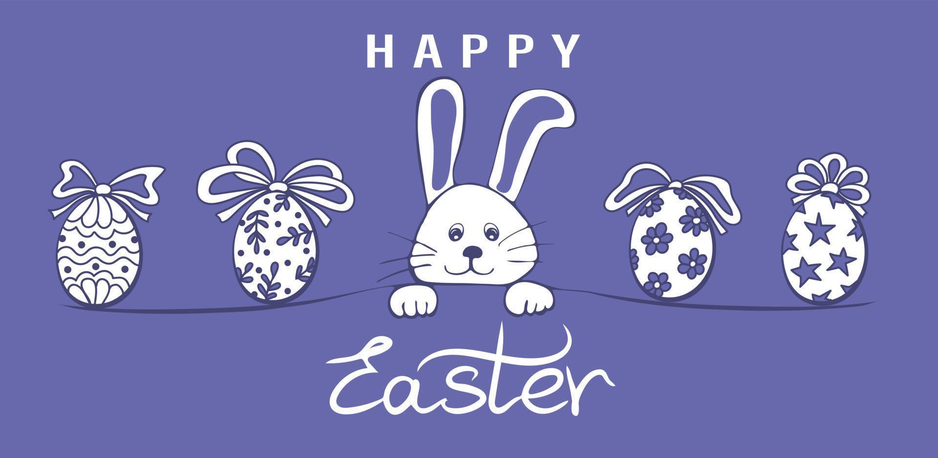 gelukkig Pasen spandoek. modieus Pasen ontwerp met typografie, hand- getrokken grappig konijn en eieren vector