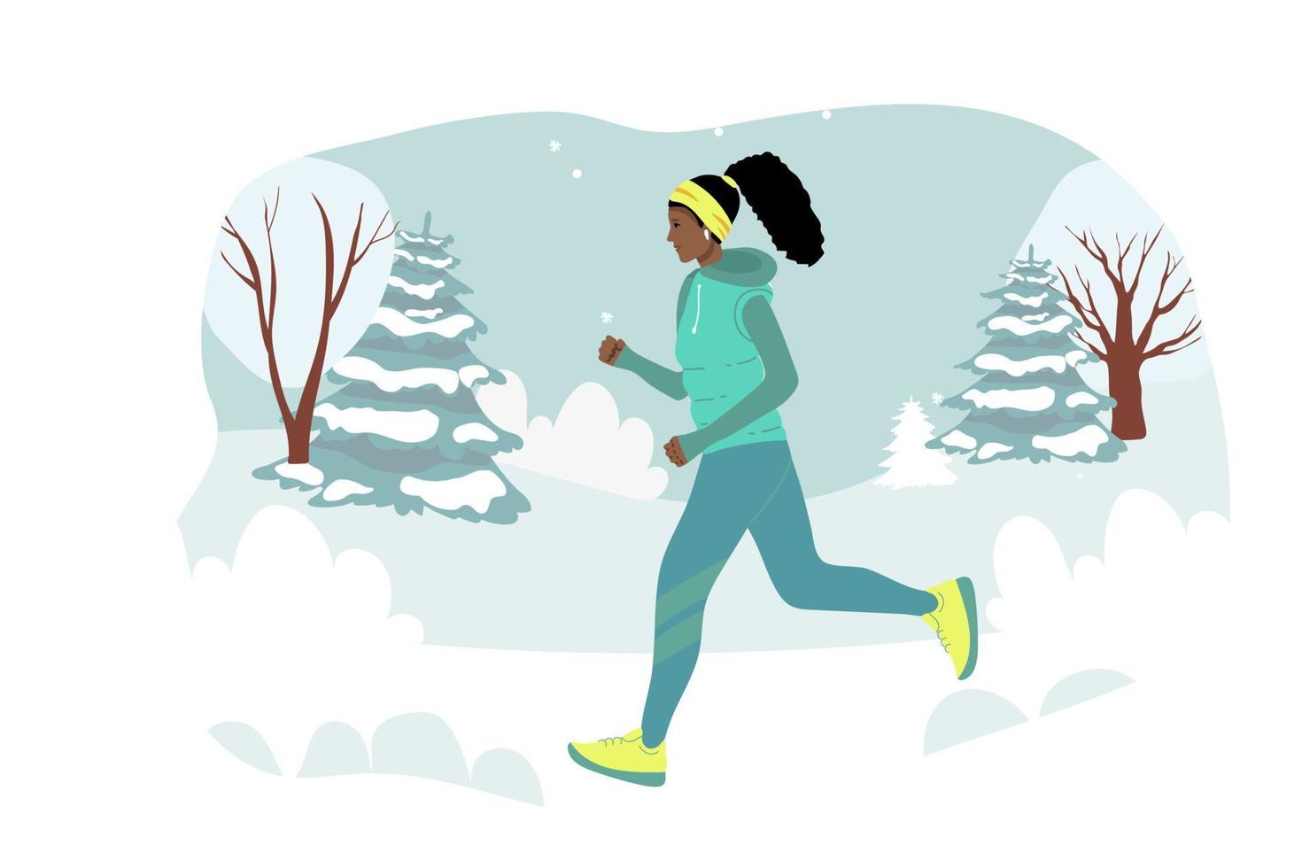 rennen sportief afro Amerikaans vrouw in een jasje, warm kleren loopt tegen achtergrond van winter landschap. jong meisje gaat in voor sport. hand- getrokken stijl vector ontwerp illustraties. rennen in winter