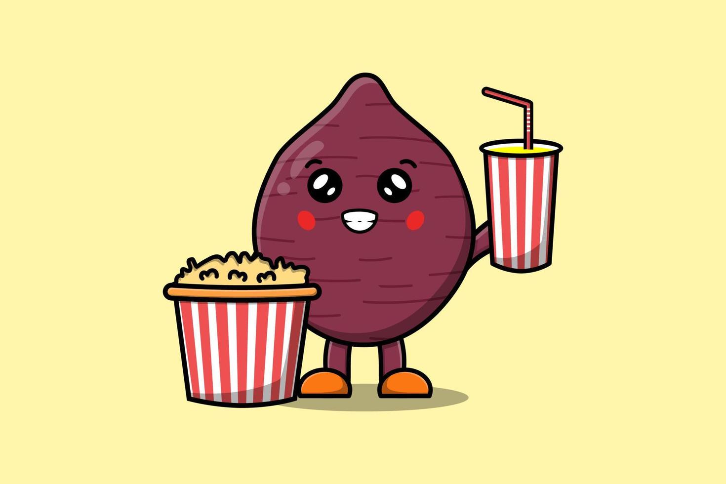 schattig tekenfilm zoet aardappel met popcorn en drinken vector