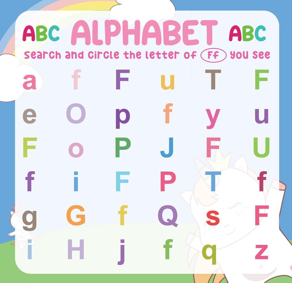 zoeken en cirkel de hoofdletters en kleine letters van de een brief Aan de werkblad. oefening voor kinderen naar herken de alfabet. leerzaam vel voor peuter. vector het dossier.