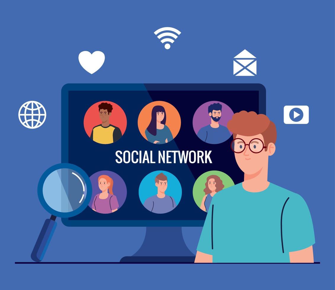 sociaal netwerk, mensen verbonden in computer, interactief, communiceren en globaal concept vector