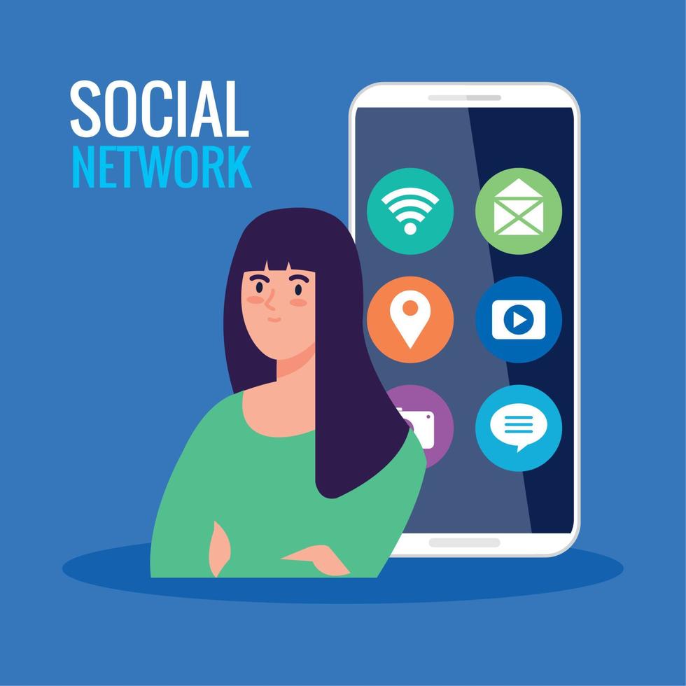 sociaal netwerk, jong vrouw met smartphone en sociaal media pictogrammen vector