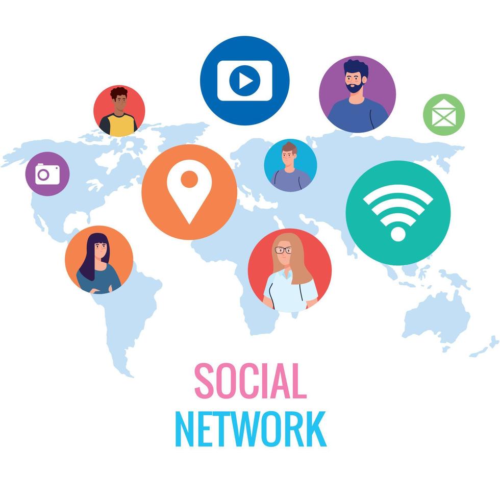 sociaal netwerk, jong mensen verbonden door digitaal, communiceren en globaal concept vector