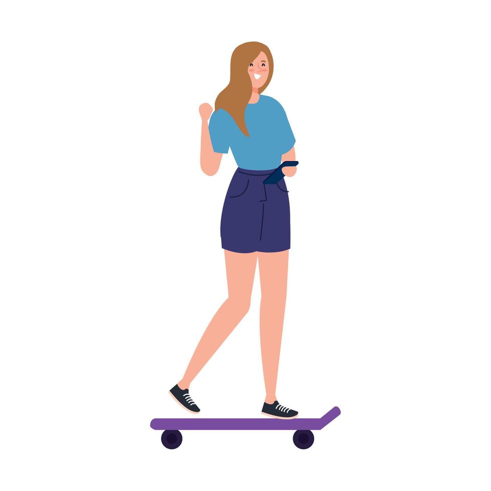 mooi jong vrouw gebruik makend van smartphone in skateboard Aan wit achtergrond vector