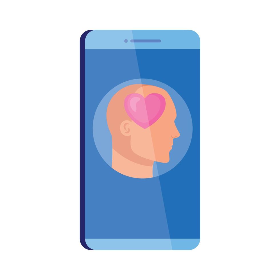 mentaal Gezondheid bijstand online in smartphone, menselijk profiel met hart, Aan wit achtergrond vector