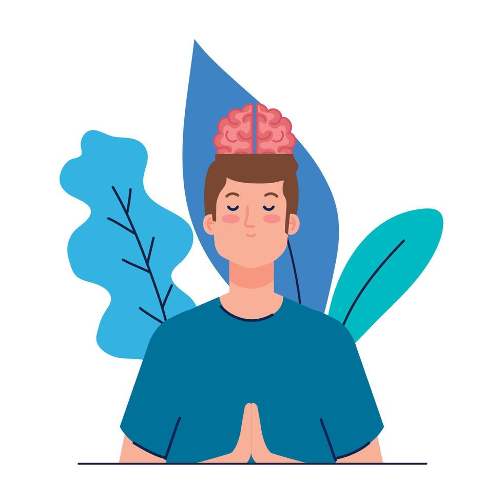 mediterende man met hersenen pictogram, op witte achtergrond vector
