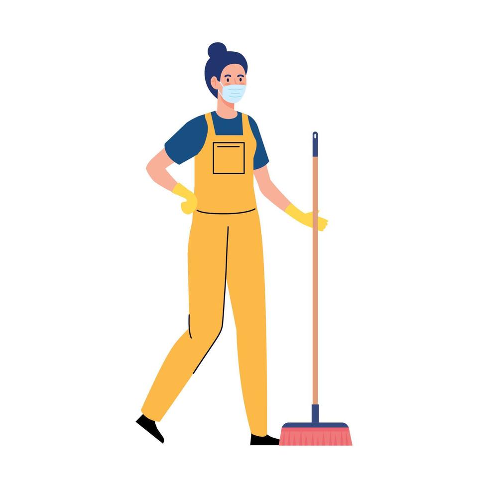 vrouw arbeider van schoonmaak onderhoud vervelend medisch masker, met bezem, Aan wit achtergrond vector