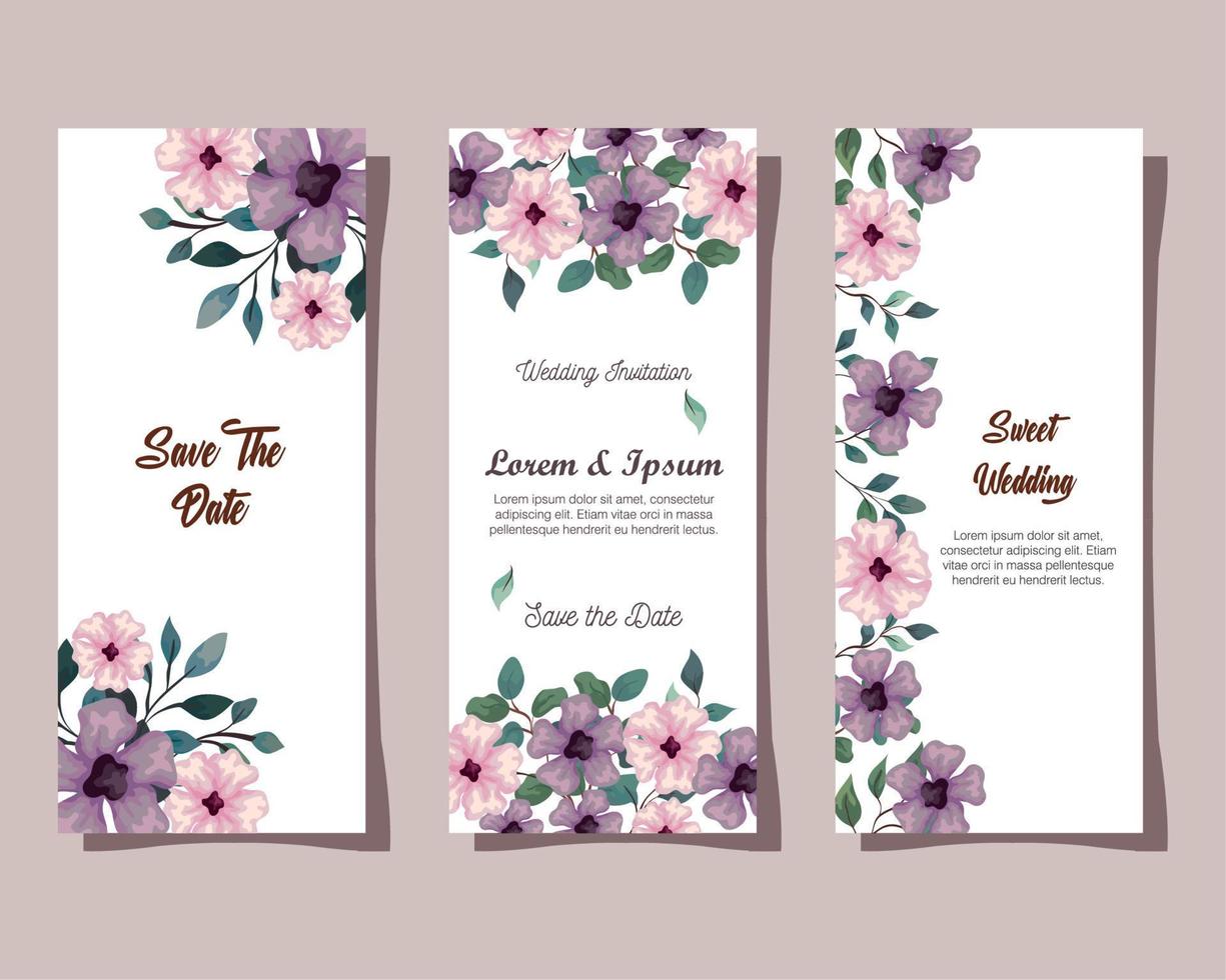 groet kaarten met bloemen roze en lila kleur, bruiloft uitnodigingen met bloemen met takken en bladeren decoratie vector