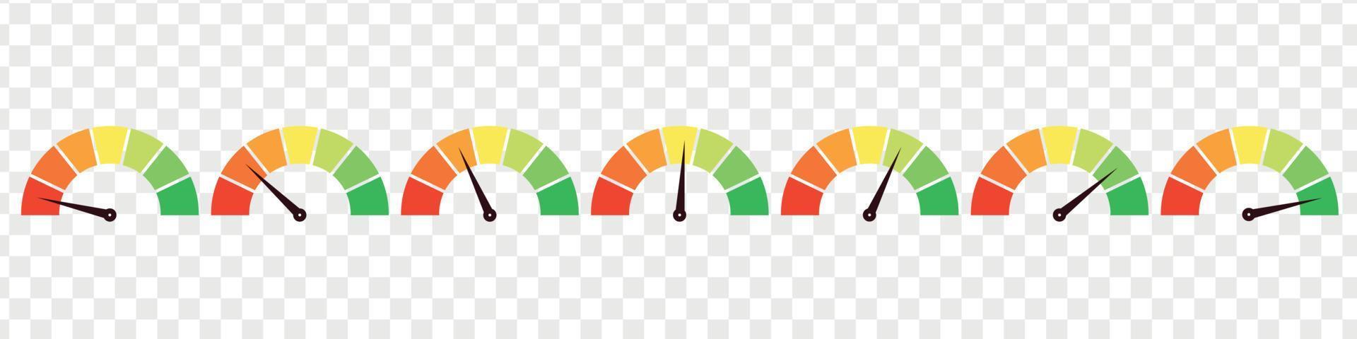 reeks van verschillend meter peilen element. groen en rood, laag en hoog barometers, slecht en mooi zo niveau of risico schaal. vector geïsoleerd illustratie