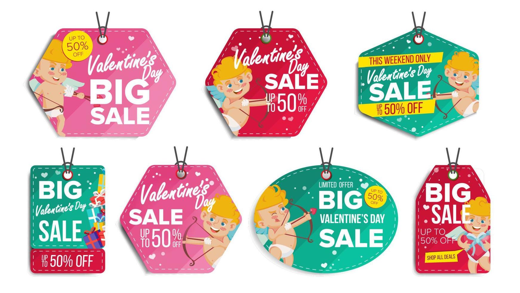 Valentijn s dag uitverkoop tags vector. kleurrijk boodschappen doen kortingen stickers. Cupido. liefde korting concept. seizoen februari 14 uitverkoop rood, groen spandoeken. Promotie illustratie vector