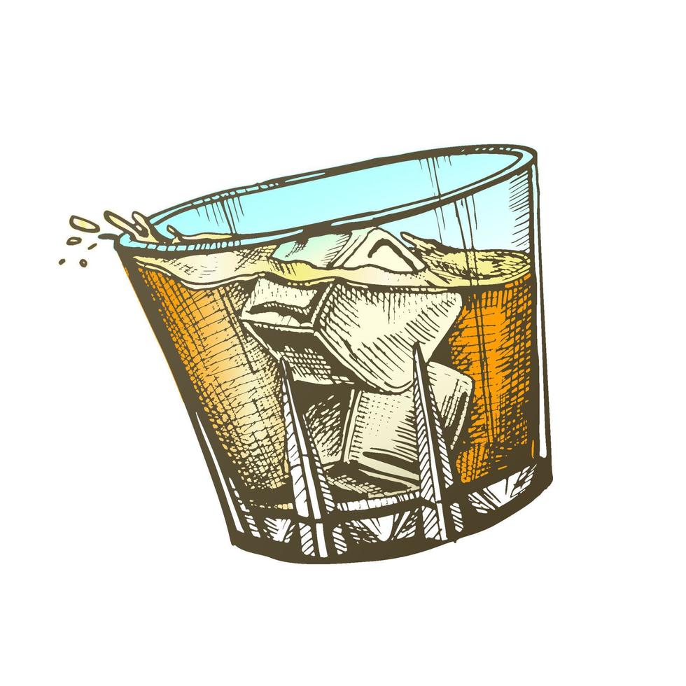 kleur ontwerp glas met whisky en ijs kubussen vector