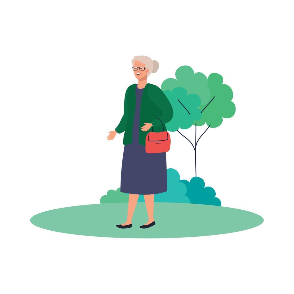 grootmoeder avatar bij park met boom vector ontwerp