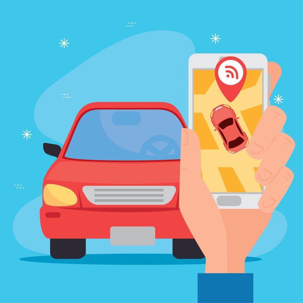 hand- Holding smartphone met rood auto en Wifi GPS Mark vector ontwerp