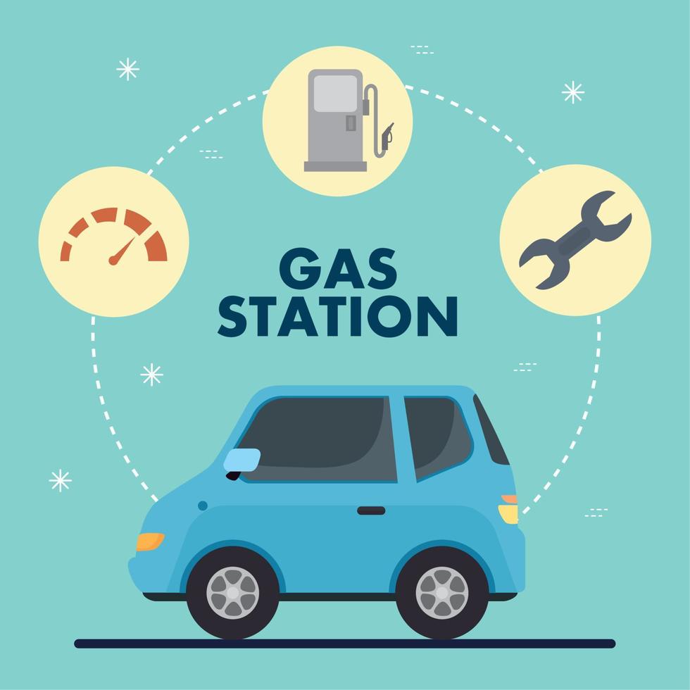 gas- station en blauw auto met icoon reeks vector ontwerp