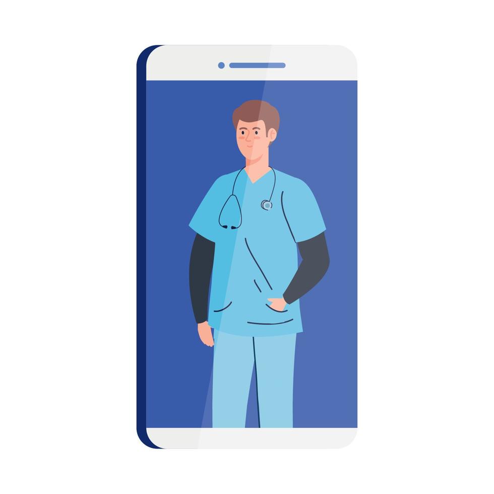 geneeskunde online met dokter mannetje in smartphone vector