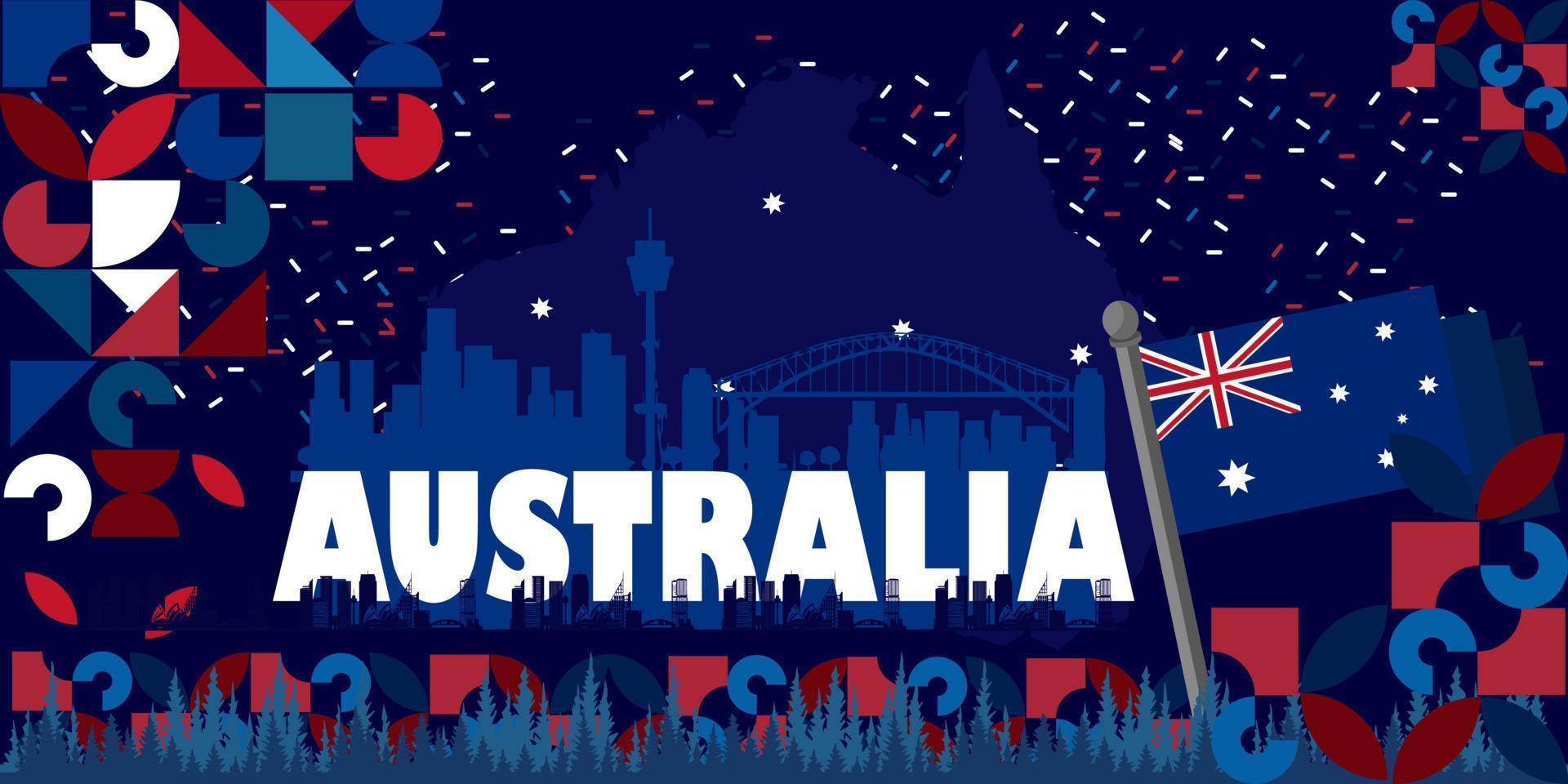 gelukkig Australië dag, onafhankelijkheid dag. stad achtergrond en vlag illustratie en vector elementen nationaal concept groet kaart, poster of web banier ontwerp