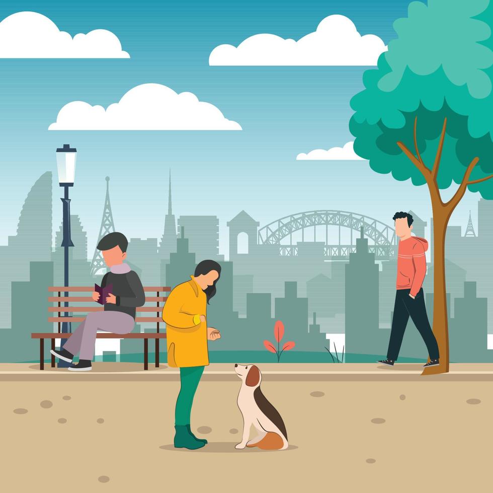 stad zomer park met volkeren, loopbrug en lantaarn. tekenfilm vector illustratie