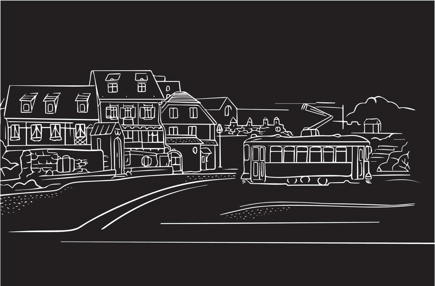 vector illustratie schetsen oud stad straat visie met tram en gebouwen Aan zwart achtergrond
