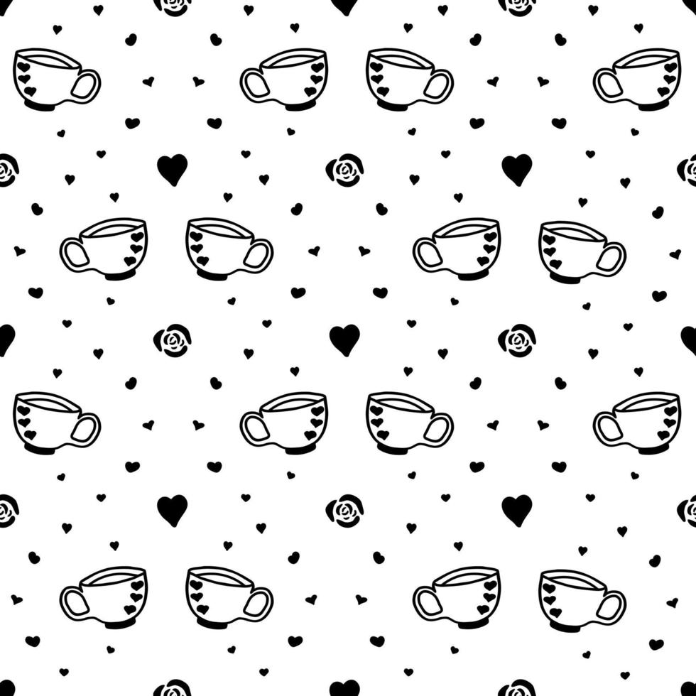 hand- getrokken wijnoogst thee kop naadloos patroon versierd met harten, rozen. tekening koffie mokken naadloos patroon. zwart Aan wit achtergrond. vector