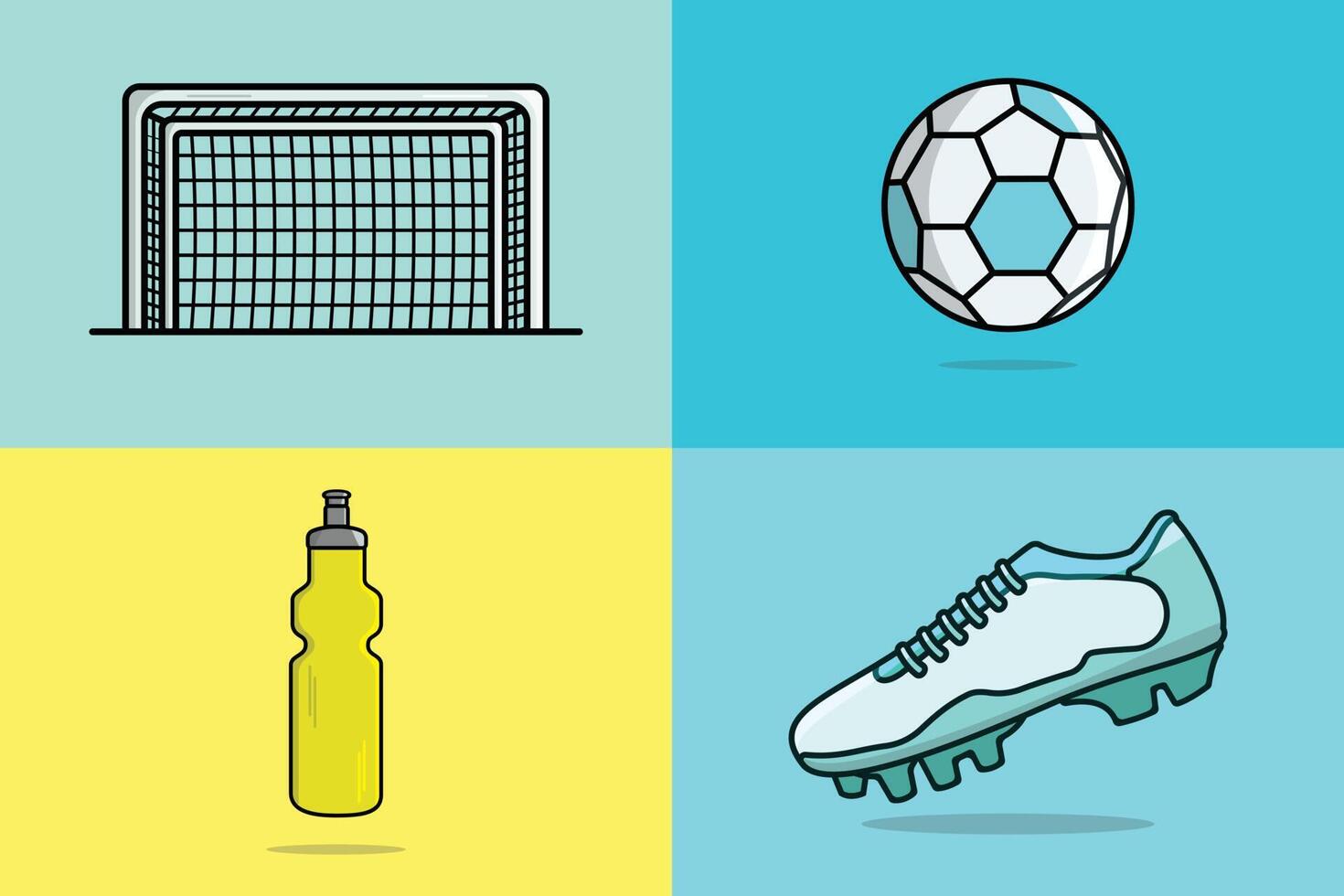 verzameling van voetbal sport- spel voorwerpen vector illustratie. doel netto, voetbal bal, schoen, mineraal water fles verzameling icoon vector ontwerp. kleurrijk sport- elementen voorwerpen icoon concept.