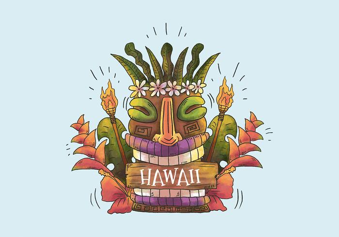 Totem van het waterverf Hawaiiaanse Masker het Glimlachen met Bladeren en Tropische Bloemen aan Hawaï vector