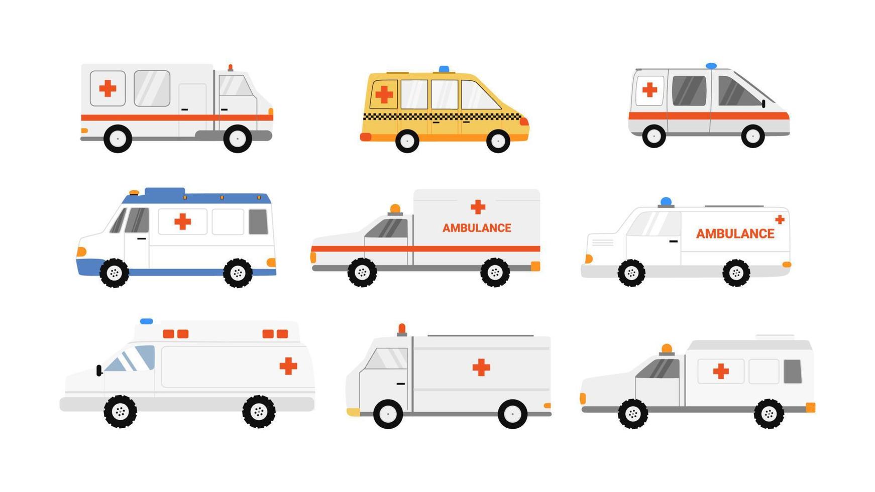 reeks van negen ambulances element geïsoleerd Aan wit achtergrond. vector