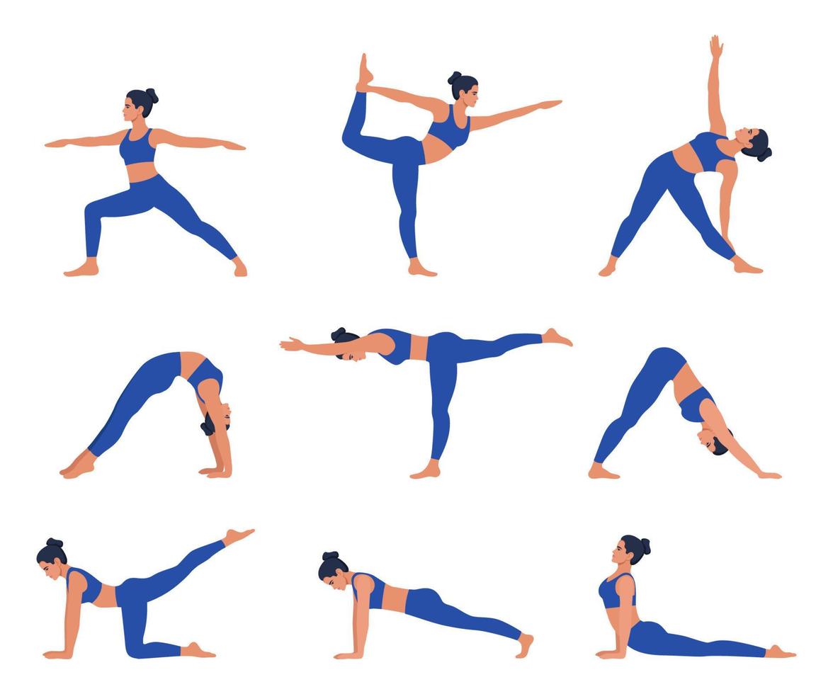 reeks van yoga poseert. jong Dames Doen yoga opdrachten. gezond levensstijl met yoga asana's. vector illustratie.