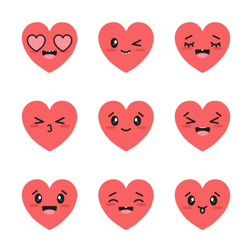 reeks van rood harten met kawaii positief emoties. geïsoleerd harten pictogrammen Aan wit achtergrond. vector illustratie.