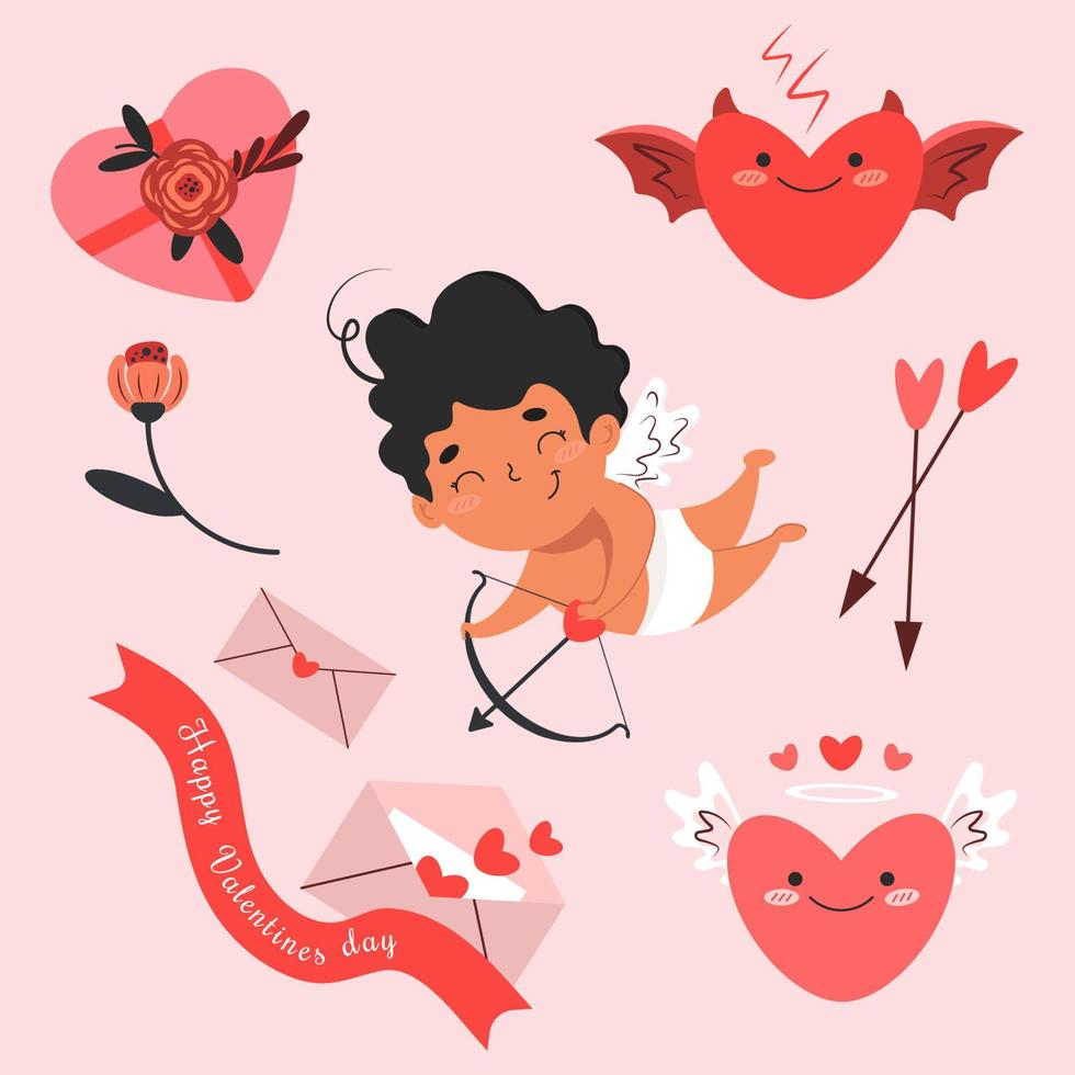 reeks van elementen voor Valentijnsdag dag. Cupido en pijlen, cadeaus en bloemen, harten en brieven. vector illustratie.