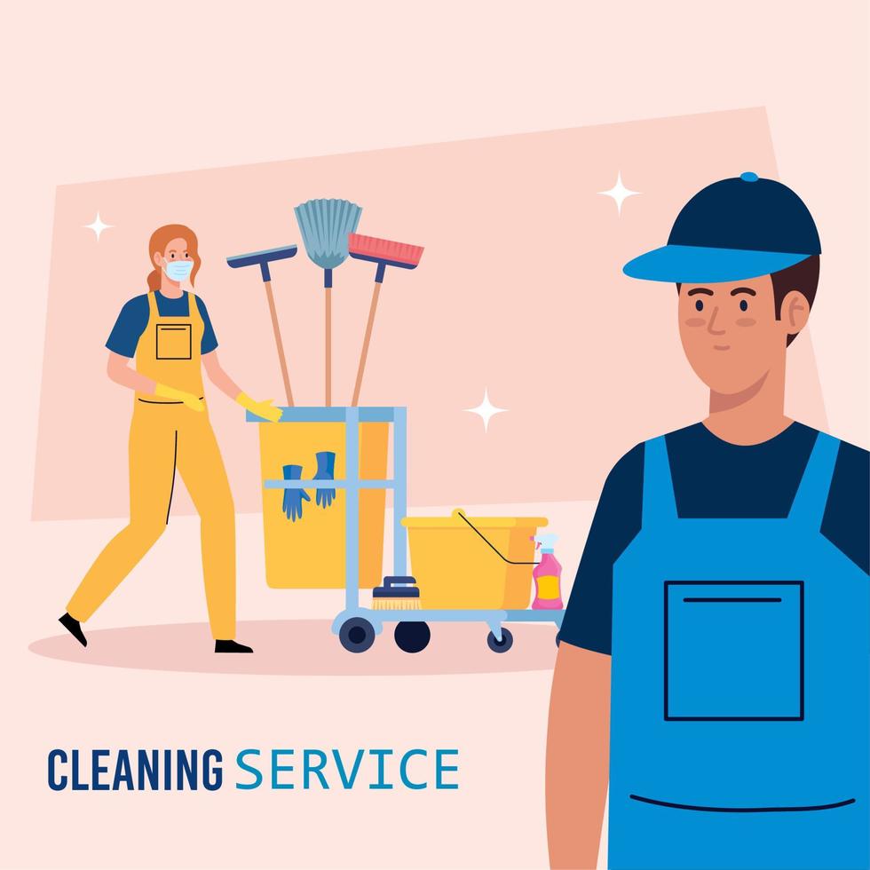 schoonmaak onderhoud banier, paar arbeiders met schoonmaak trolley met uitrusting pictogrammen vector