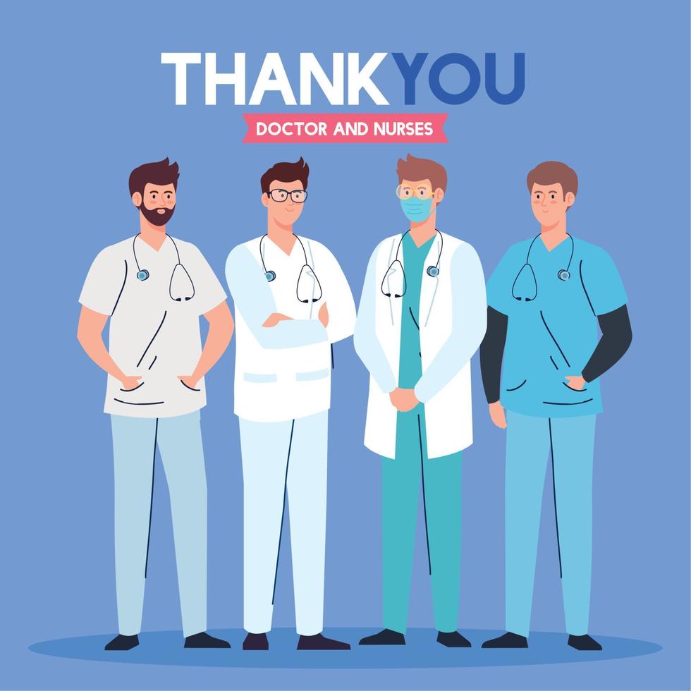 dank u dokter en verpleegsters werken in ziekenhuizen, team mannen dokter vechten de coronavirus covid 19 vector