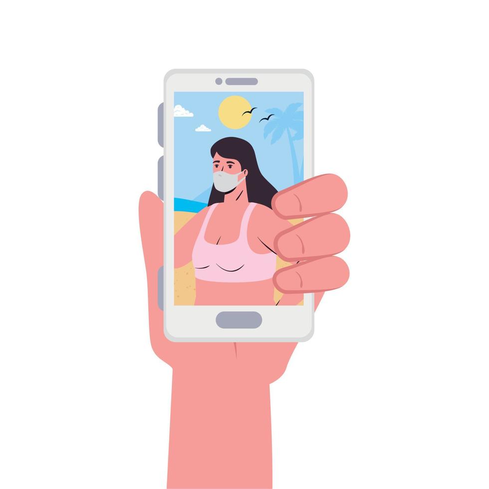 hand- Holding smartphone en meisje met masker Bij de strand in video babbelen vector ontwerp
