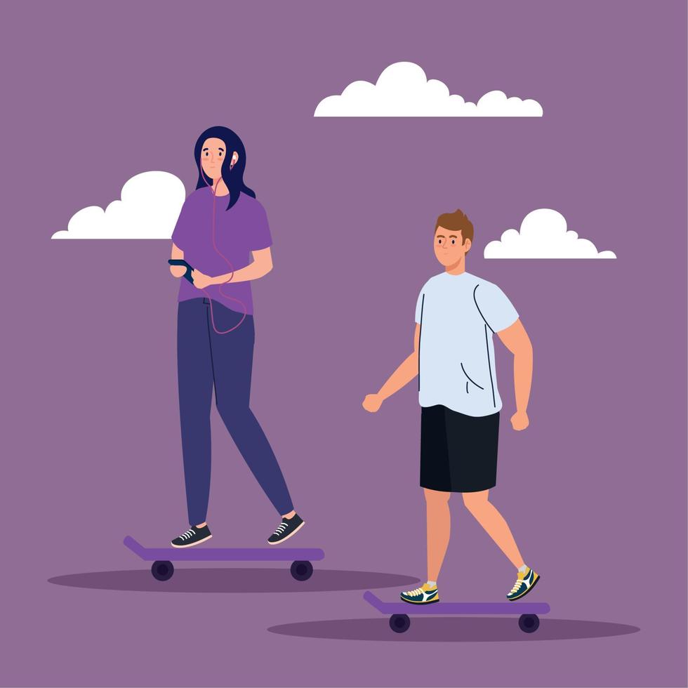 paar in skateboard, het uitvoeren van buitenshuis activiteiten vector