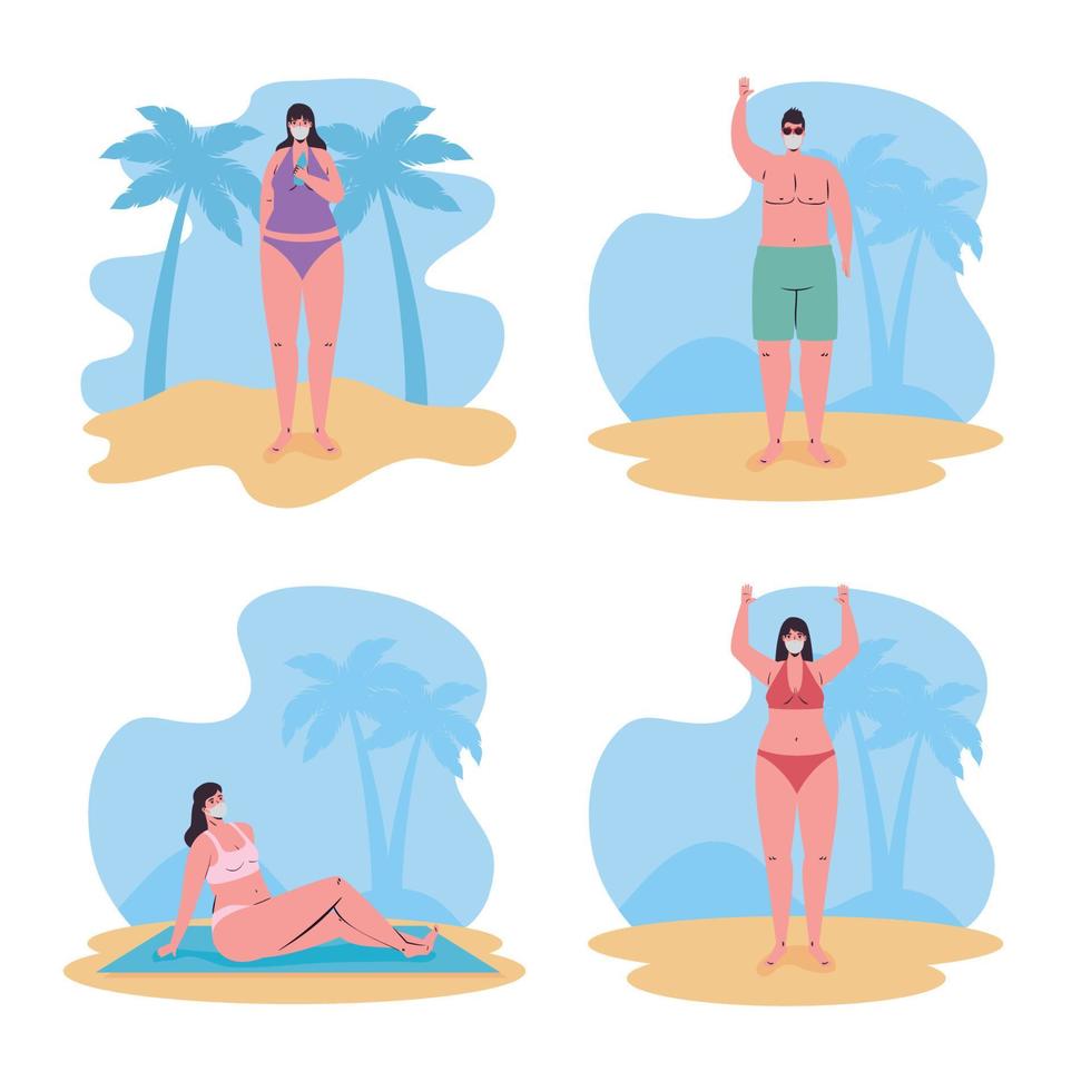 meisjes en jongen tekenfilms met medisch maskers Bij de strand vector ontwerp