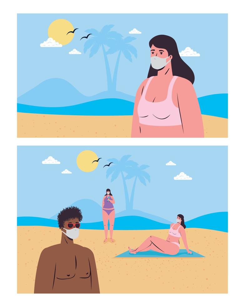 meisjes en jongen tekenfilms met medisch maskers Bij de strand vector ontwerp