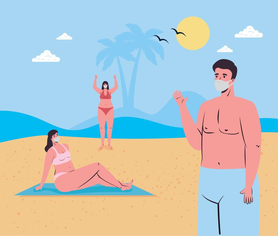 meisjes en jongen tekenfilms met medisch maskers Bij de strand vector ontwerp