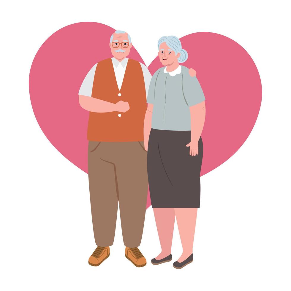 bejaarde echtpaar staande, oude vrouw en oude man met hart achtergrond vector