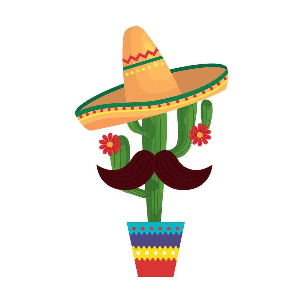 geïsoleerde Mexicaanse cactus met hoed en snor vectorontwerp vector