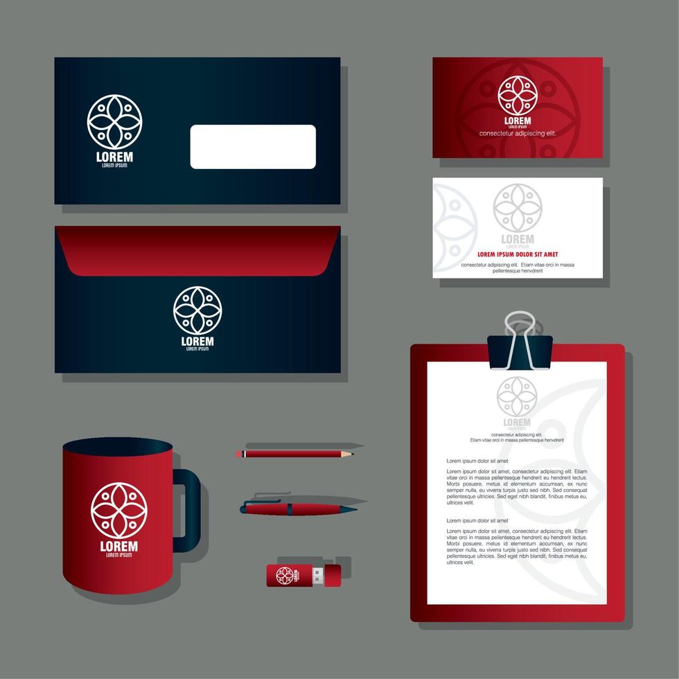 merk mockup zakelijke identiteit, mockup schrijfbehoeften benodigdheden, kleur rood met teken wit vector